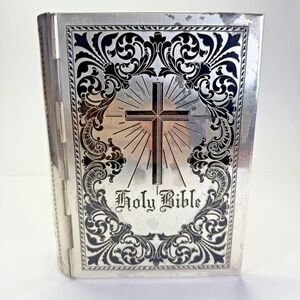 Vintage Silver Embossed Metal Holy Bible Case / Cover - King James Version